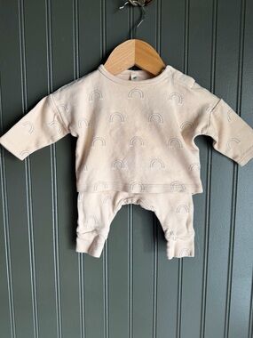 Quincy Mae Light Beige Baby Two-Piece Set with Tiny Rainbow Embroidery